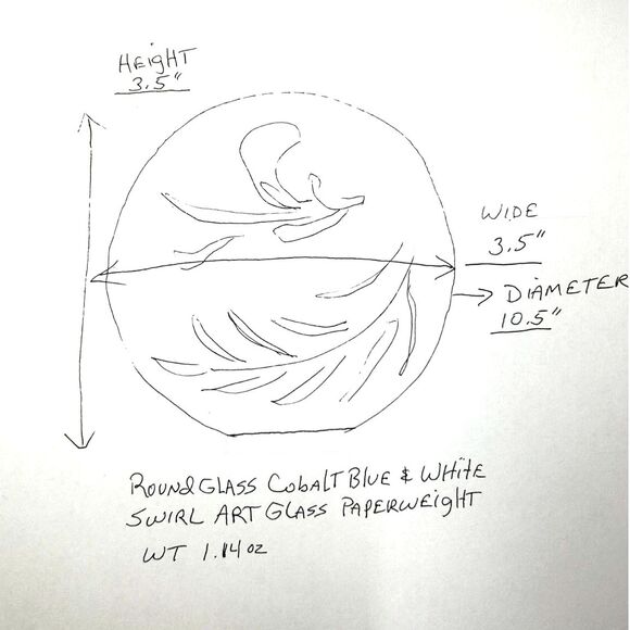 Handblown Round Glass Paperweight Cobalt Blue & White Feather Pattern - Picture 3 of 6